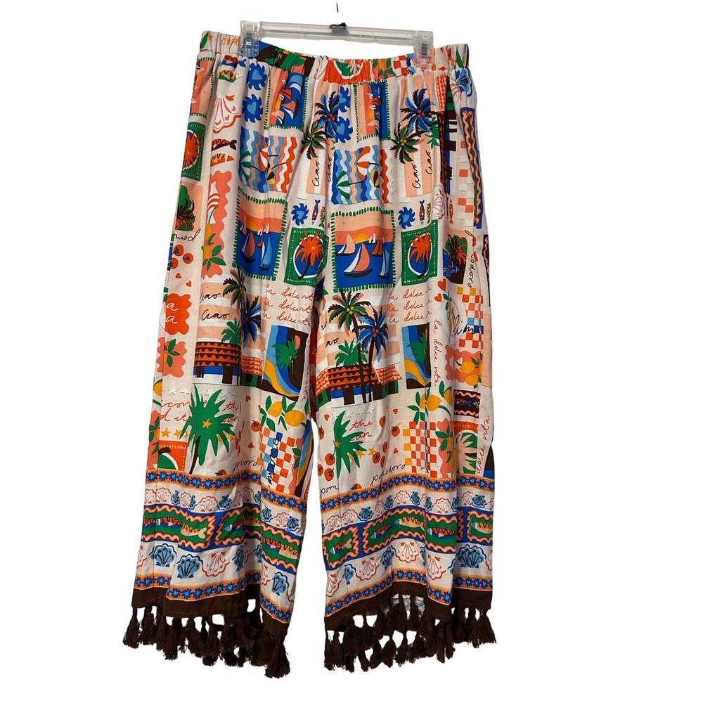 Sugarlips Curve 1X Postcard Print Wide Leg Pants Linen Blend Tassel Fringe NEW